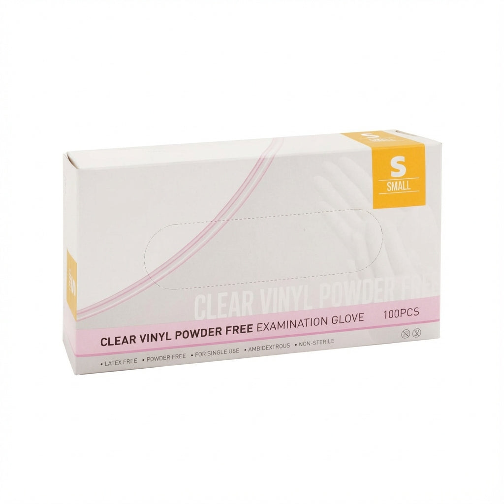 Box of clear vinyl examination gloves with a brand logo on a white background