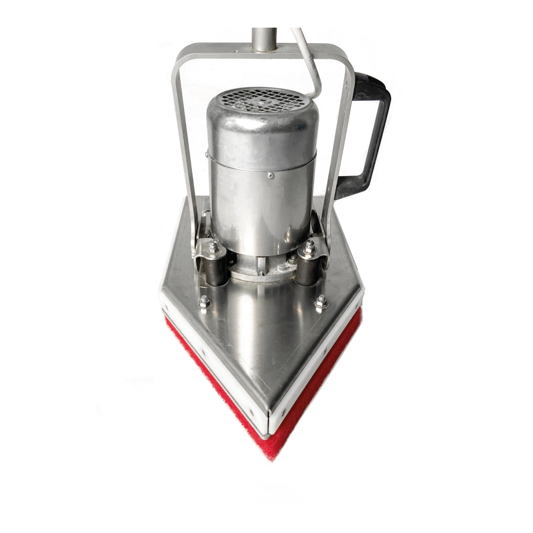 Stainless steel floor buffer with red base on a white background