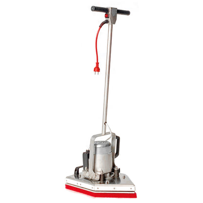 Floor cleaning machine with red and silver design on a white background
