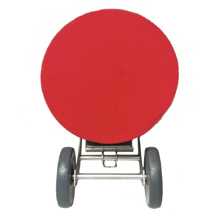 Red circular scrubbing pad on a Excentr 43 Floor Scrubber Polisher on a white background