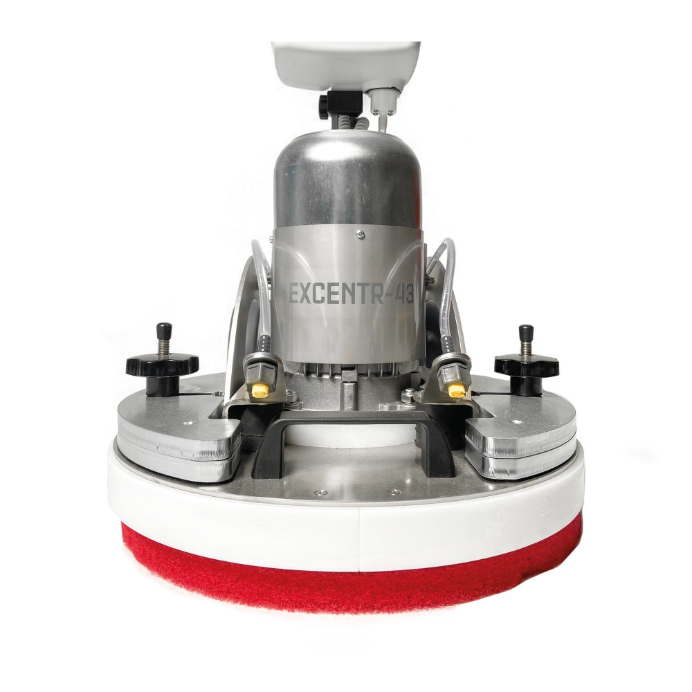 Excentr 43 Floor Scrubber Polisher with red pad on a white background