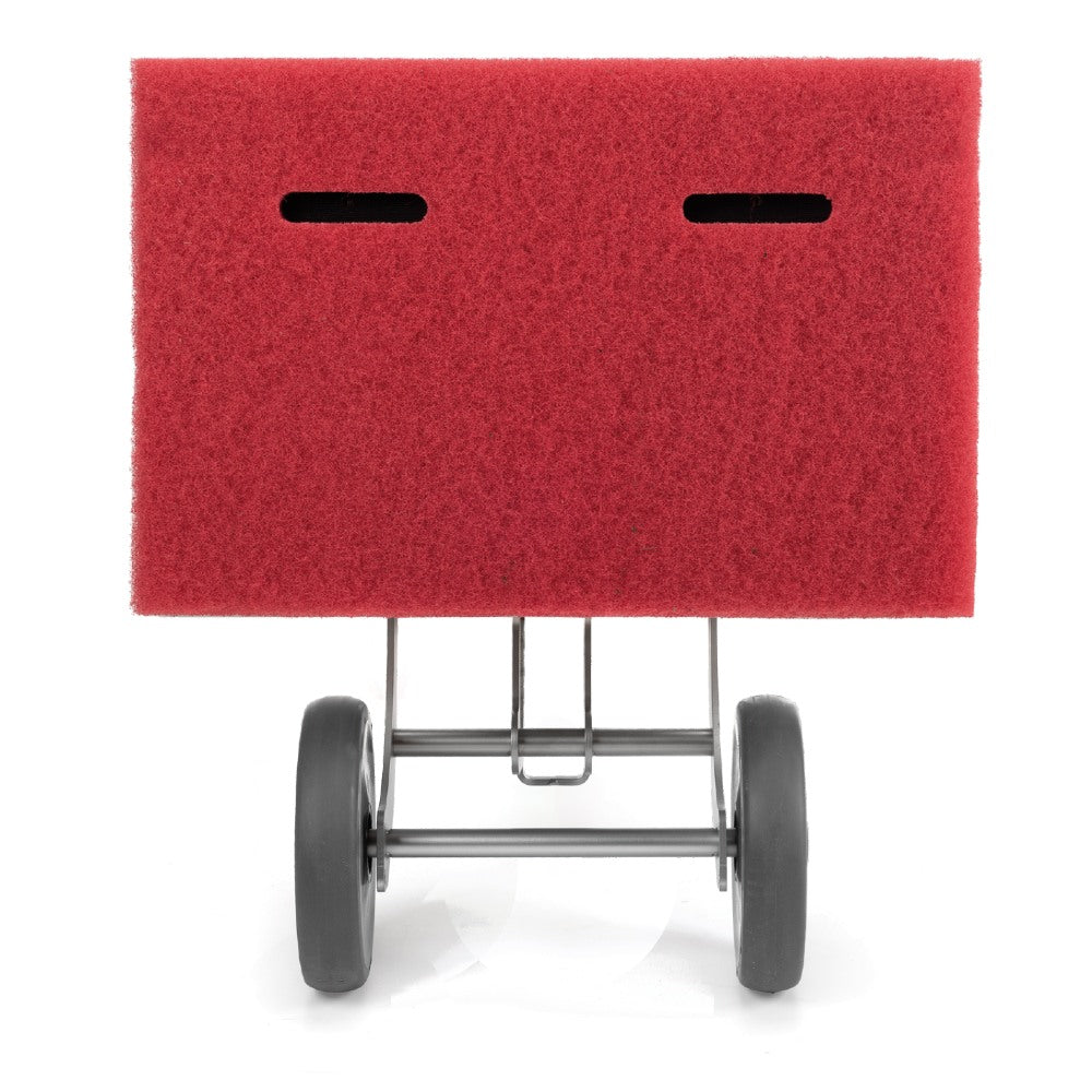 Red foam pad attached to a Excentr 55-35 Floor Scrubber Polisher on a white background
