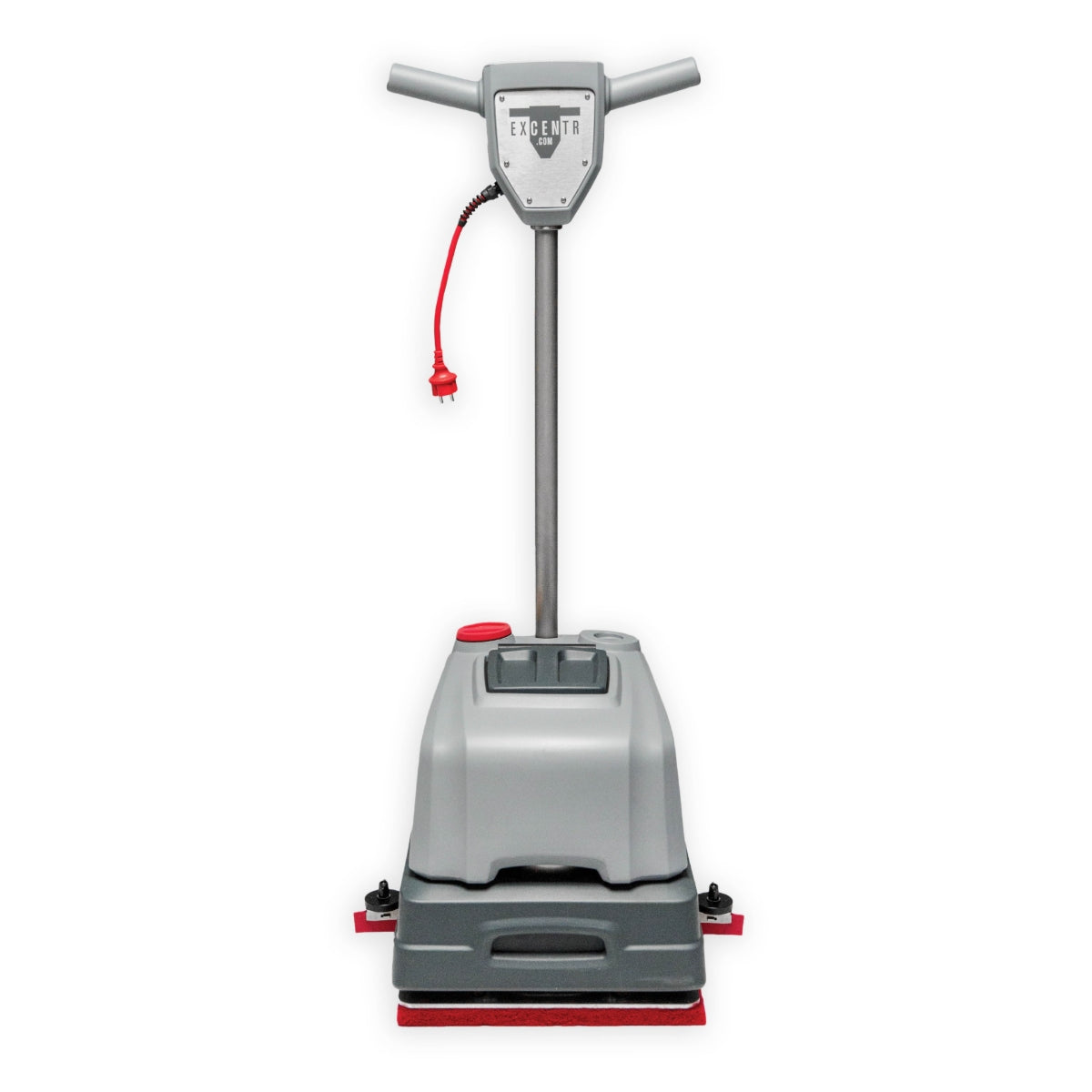 Floor cleaning machine with red and gray design on a white background