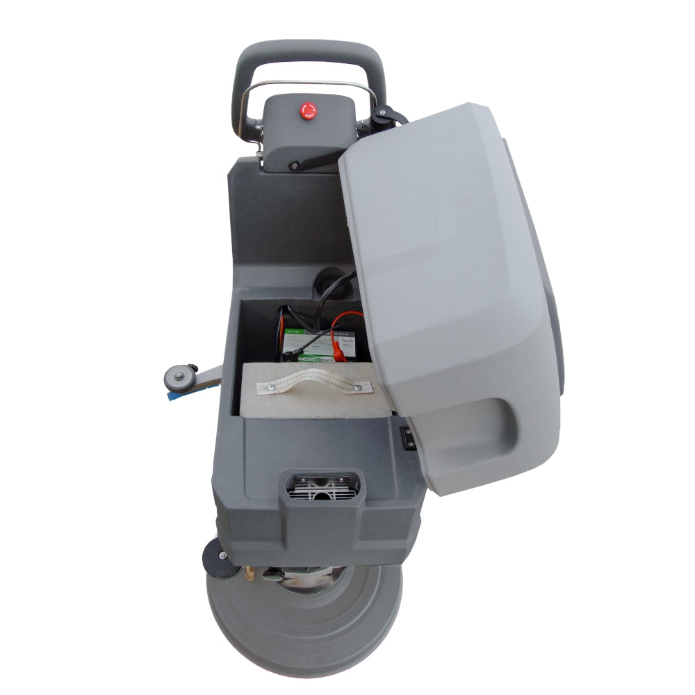 Gray Excentr Daily 45-40 Disc Scrubber machine with a cover open on a white background