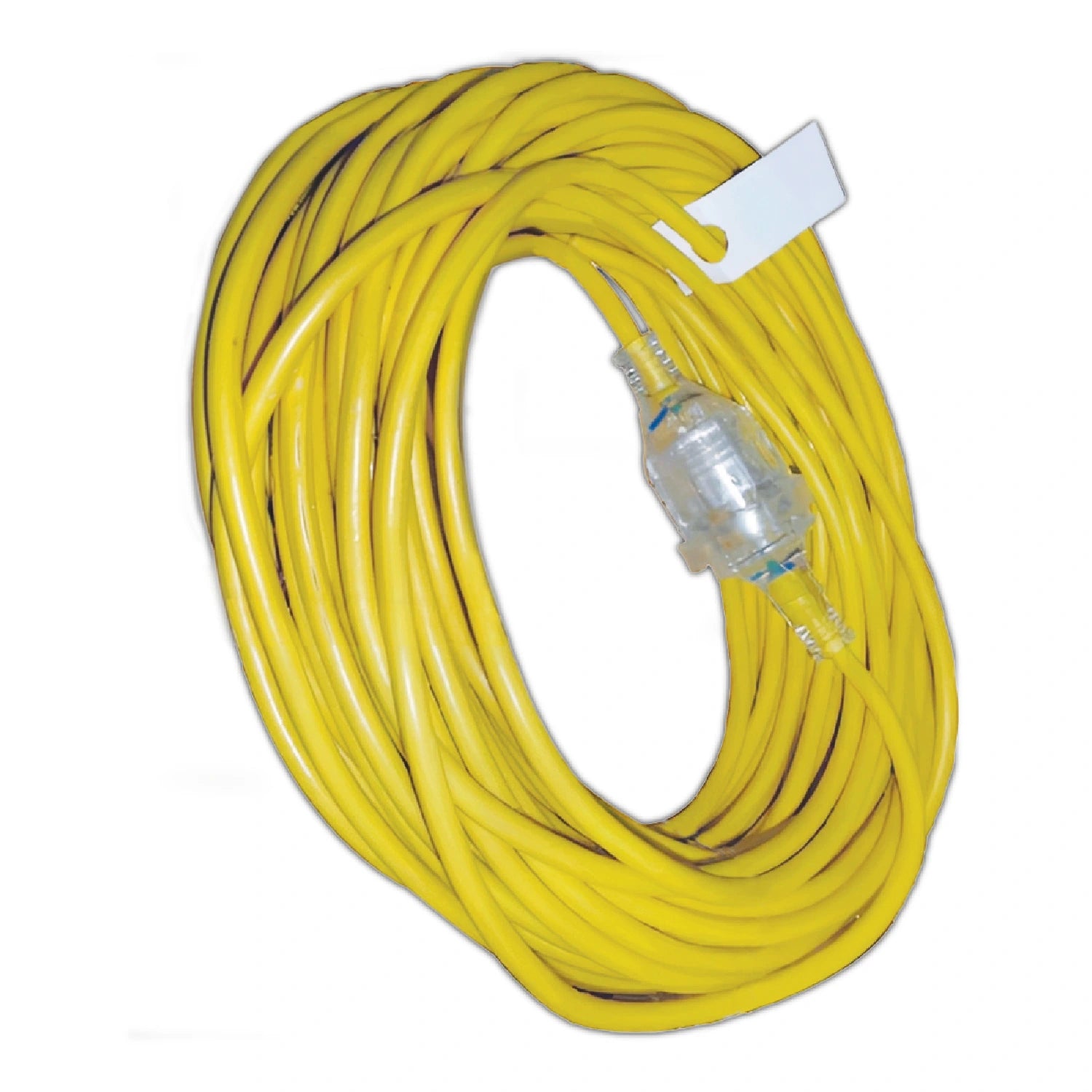 Yellow coiled power cable with a clear plastic connectors on a white background