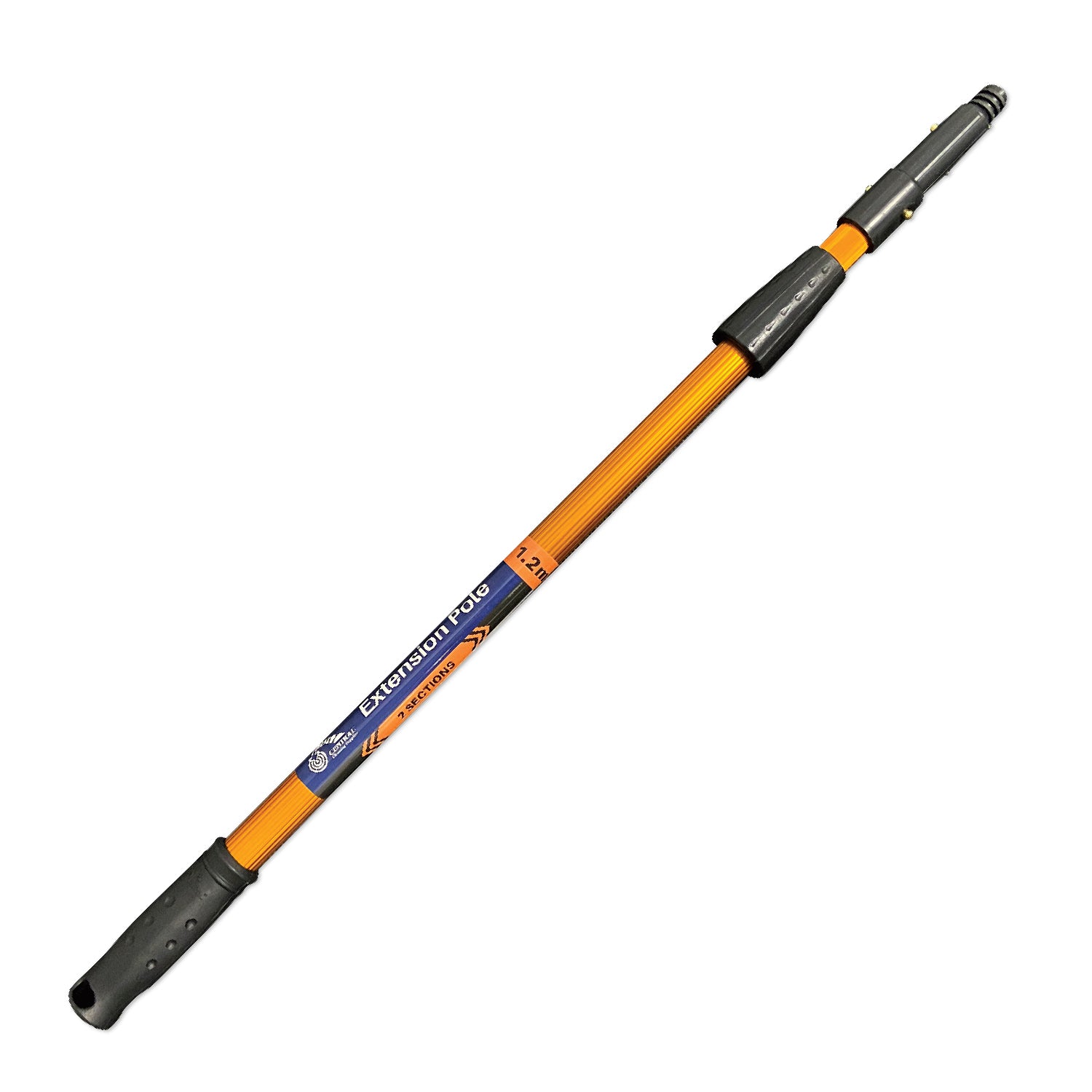 Telescopic pole with orange and black design on a white background