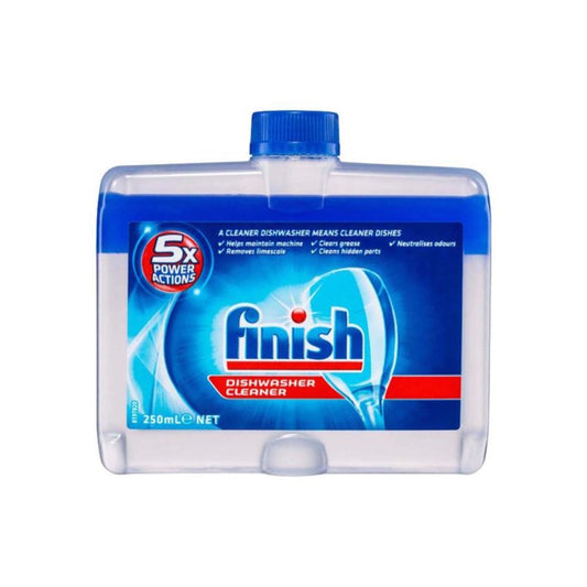 Finish dishwasher cleaner bottle with blue cap and label on a white background