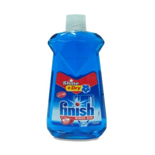 Blue bottle of Finish rinse aid on a white background