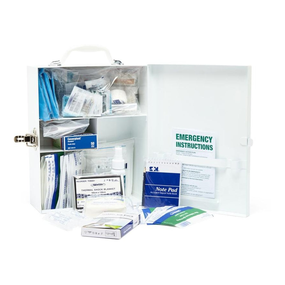 First aid kit with various supplies on a white background