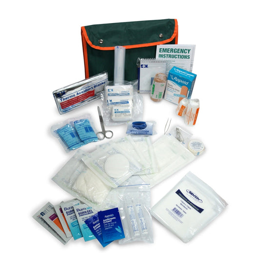 First aid kit with various supplies on a white background