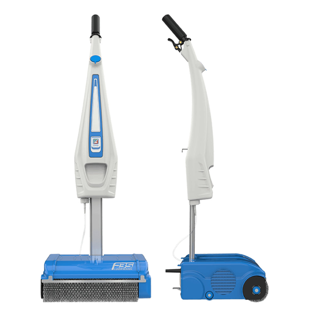 Two Floorwash F35 cleaning devices with blue bases and white handles on a white background