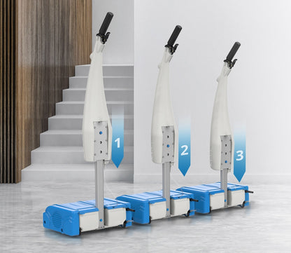 Stairlift system with three stages of movement on a staircase.