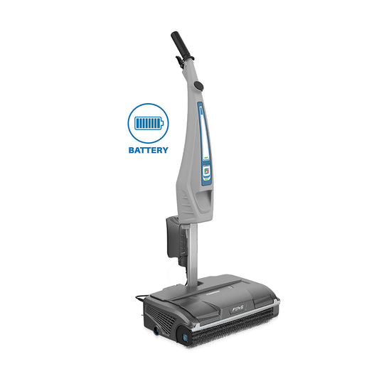 Gray floor cleaning machine with battery icon on a white background