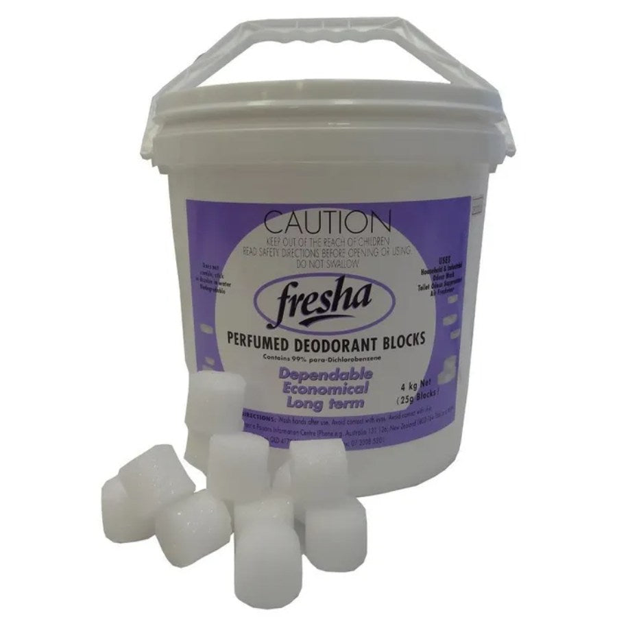 White container of fresha perfumed deodorant blocks with purple label on a white background