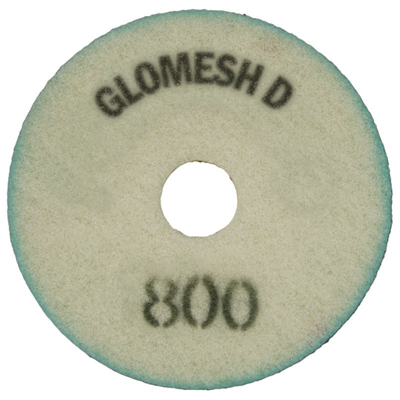 Round green polishing pad with 'GLOMESH D' and '800' printed on it, on a white background.