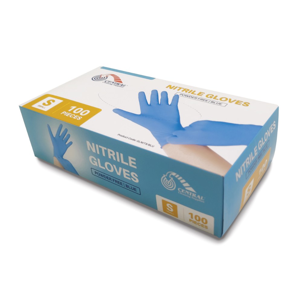 Box of nitrile gloves with Central Cleaning Supplies logo on a white background