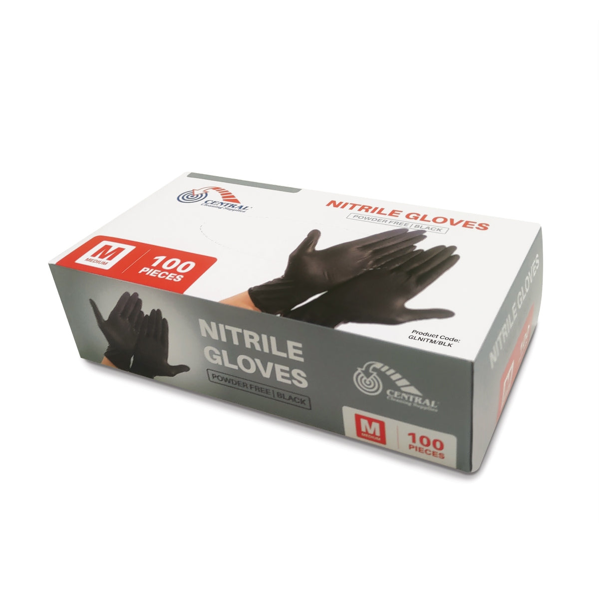 Box of nitrile gloves with black gloves on a white background