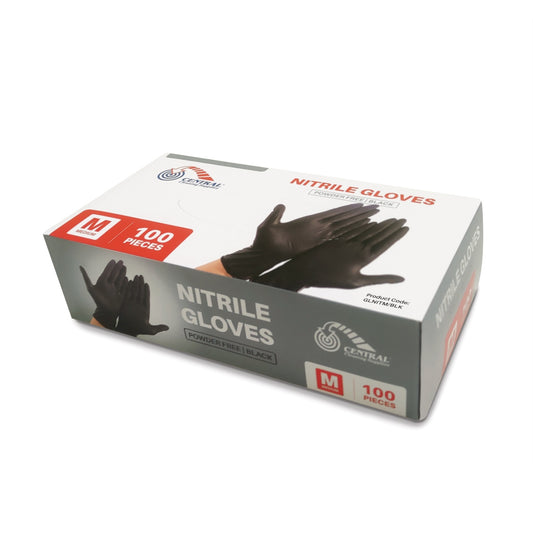 Box of nitrile gloves with black gloves on a white background