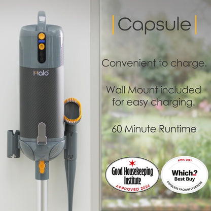 Halo Capsule vacuum cleaner with wall mount and charging features, featuring Good Housekeeping Institute and Which? Best Buy badges.
