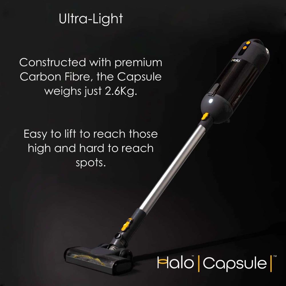 Halo Capsule vacuum cleaner with text highlighting its ultra-light design and weight.