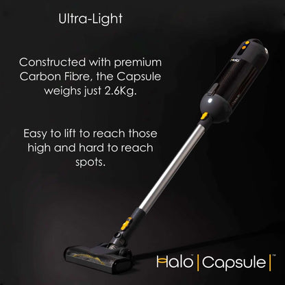 Halo Capsule vacuum cleaner with text highlighting its ultra-light design and weight.