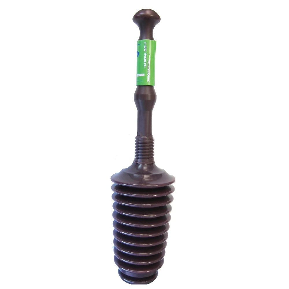 Black rubber toilet plunger with a green label on a white background