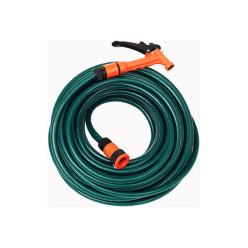 Coiled green garden hose with an orange nozzle on a white background