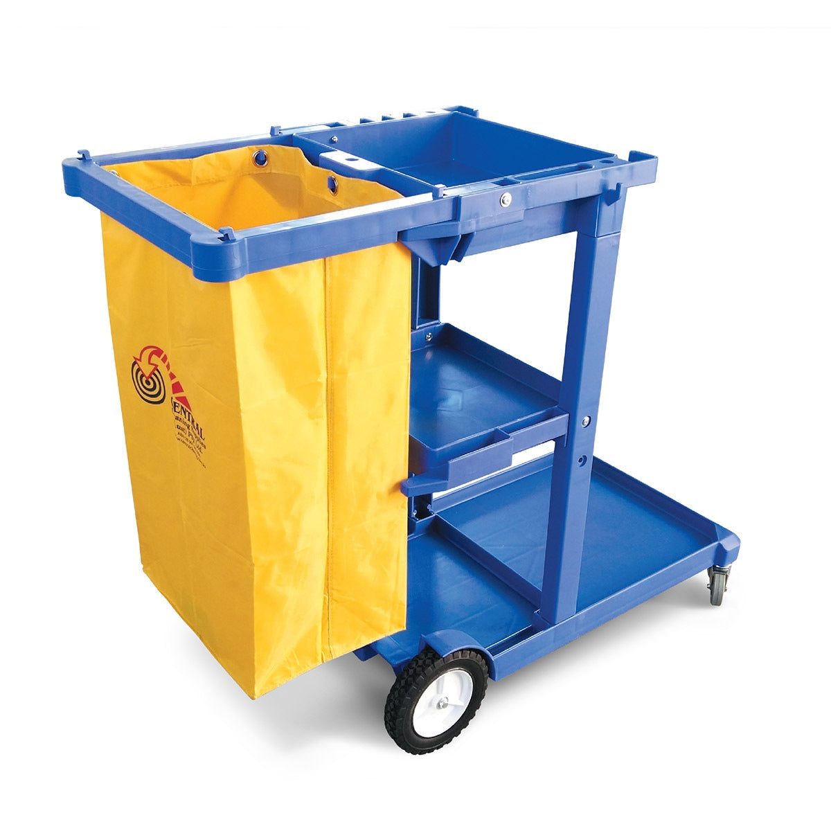 Blue cleaning cart with yellow bag on a white background