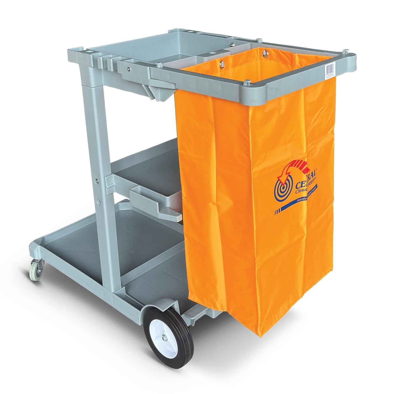 Cleaning cart with an orange bag featuring a logo on a white background