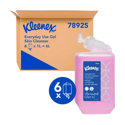 Kleenex Everyday Use Gel Skin Cleanser packaging with a pink bottle and cardboard box on a white background.