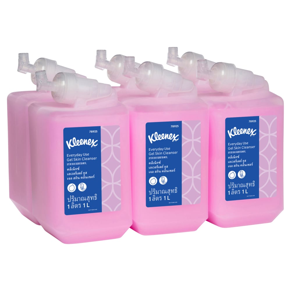 Six pink bottles of Kleenex skin cleanser on a white background