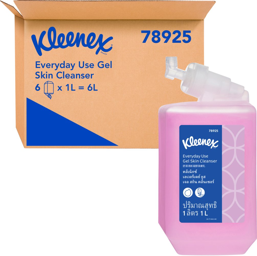 Kleenex Everyday Use Gel Skin Cleanser packaging including a carton and a pink bottle with blue label.
