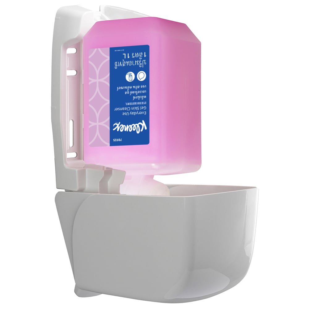 Kleenex soap paper dispenser with a pink bottle of Kleenex gel skin cleanser on a white background