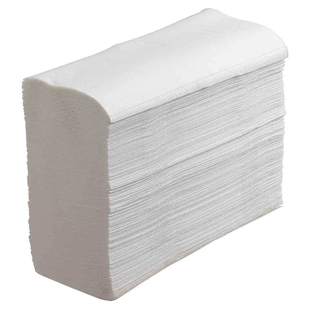 Stack of white folded paper towels on a white background