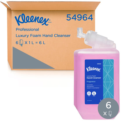 Kleenex Luxury Foam Hand Cleanser packaging with a pink bottle and cardboard box on a white background