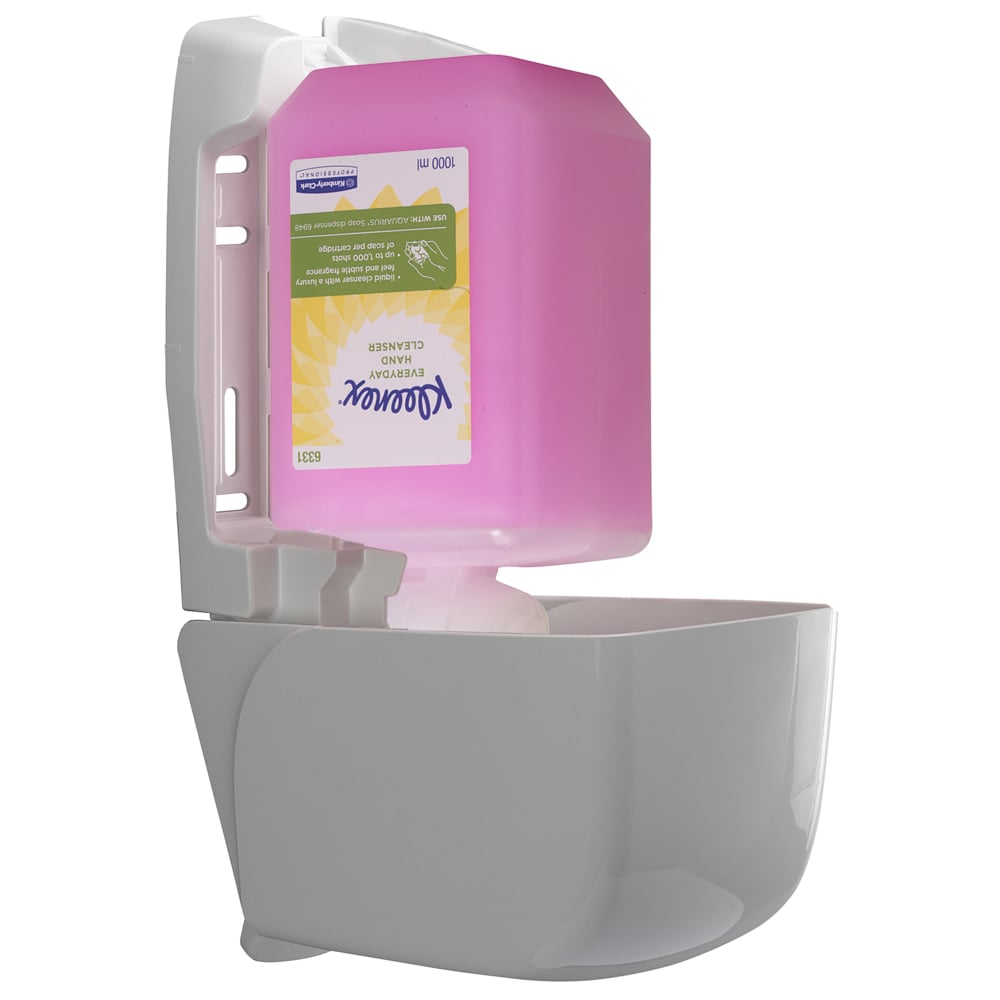 Kleenex pink hand soap cartridge with gray dispenser on a white background