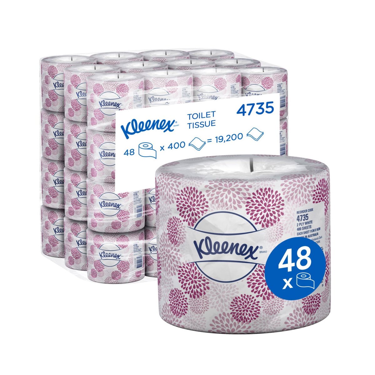 Kleenex toilet tissue rolls with floral design on a white background