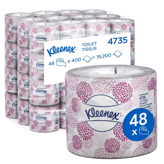 Kleenex toilet tissue rolls with floral design on a white background