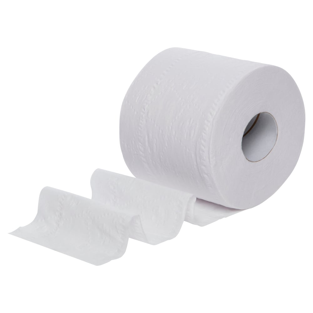 Roll of white toilet paper on a white background