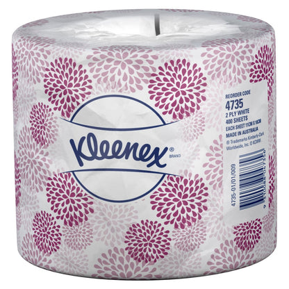 Kleenex toilet paper roll with pink floral pattern on a white background