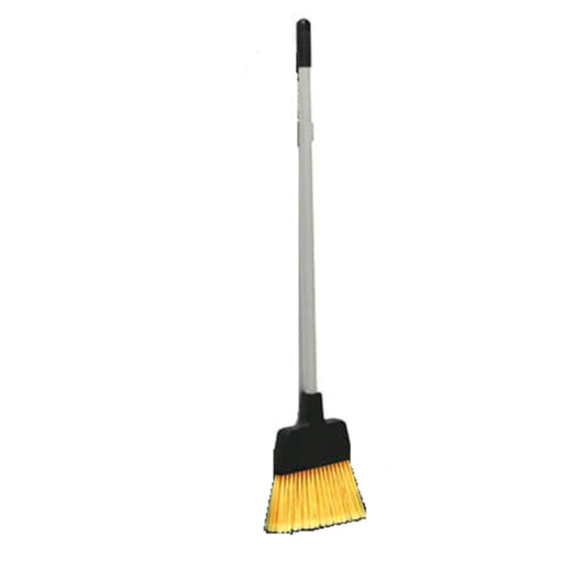 Broom with yellow bristles and black handle on a white background