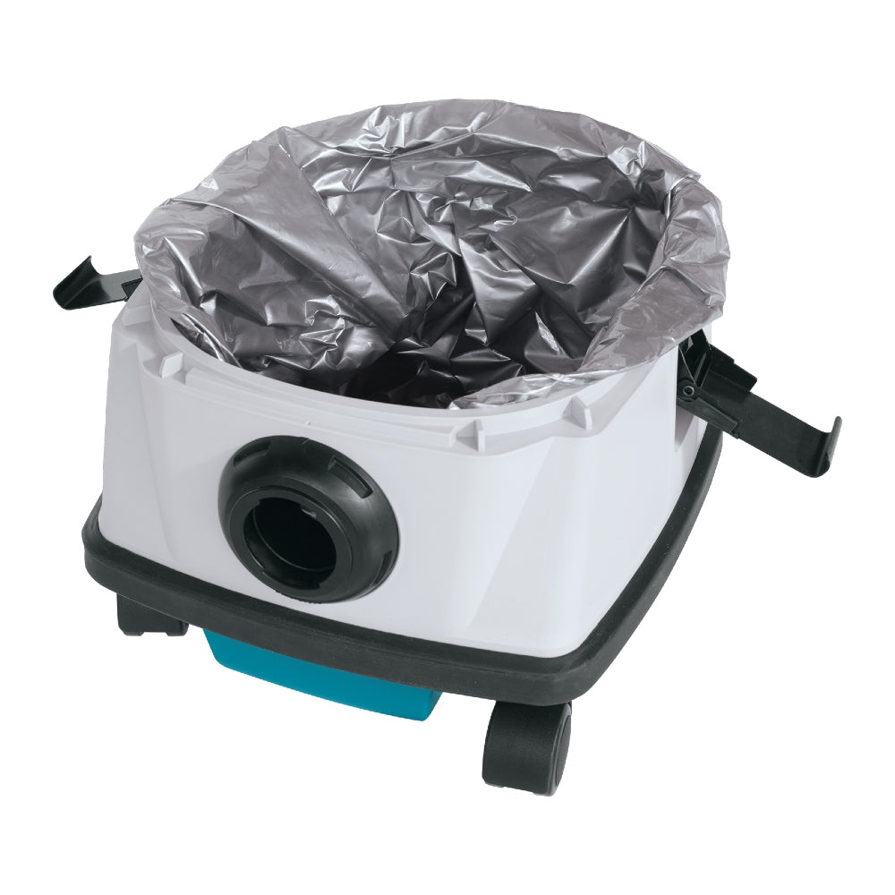 White vacuum cleaner base with a gray linerbag on a white background