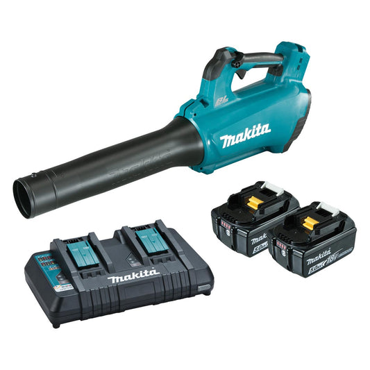 Makita cordless leaf blower with two batteries and a charger on a white background
