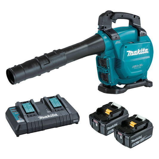Makita leaf blower with two batteries and a charger on a white background
