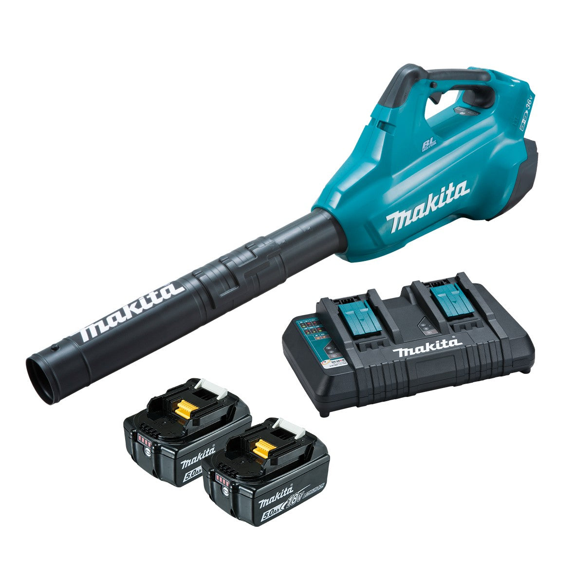 Makita cordless leaf blower with two batteries and a charger on a white background