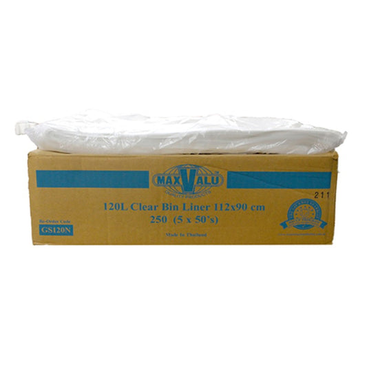 Box of Maxvalu clear bin liners with a white background