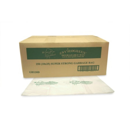Box of Envirogreen garbage bags with a sample bag in front on a white background