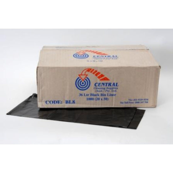 Cardboard box of Central Cleaning Supplies bin liners with a black liner on a white background