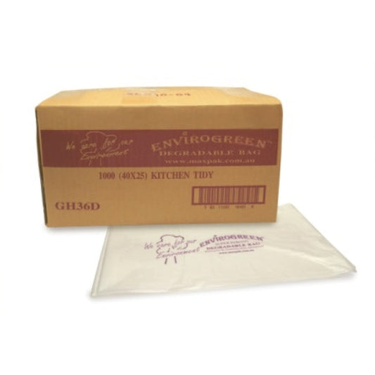 Box of Envirogreen degradable kitchen tidy bags on a white background