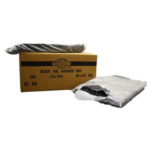 Box of black garbage bags with a clear bag on a white background